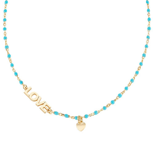 AMEN Gold LOVE Necklace with Turquoise Enamel Beads