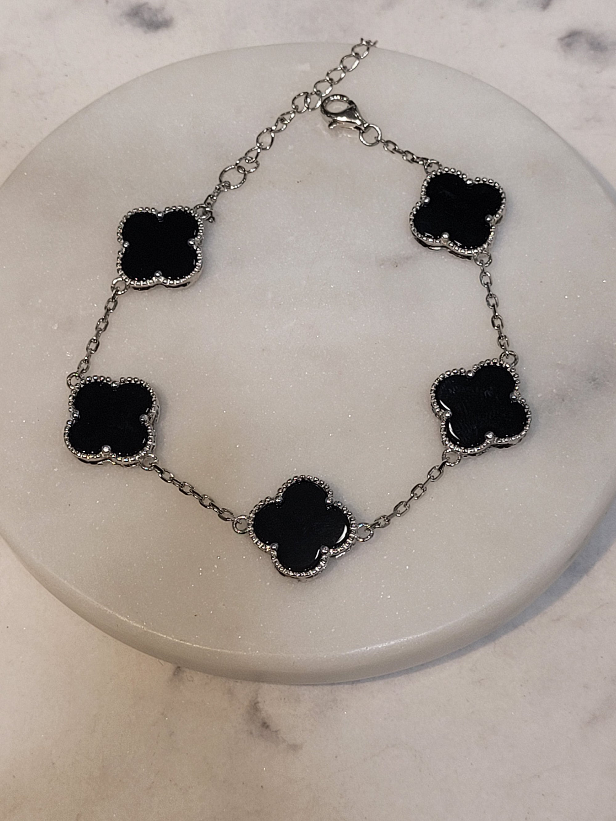 Black onyx 5 station clover bracelet