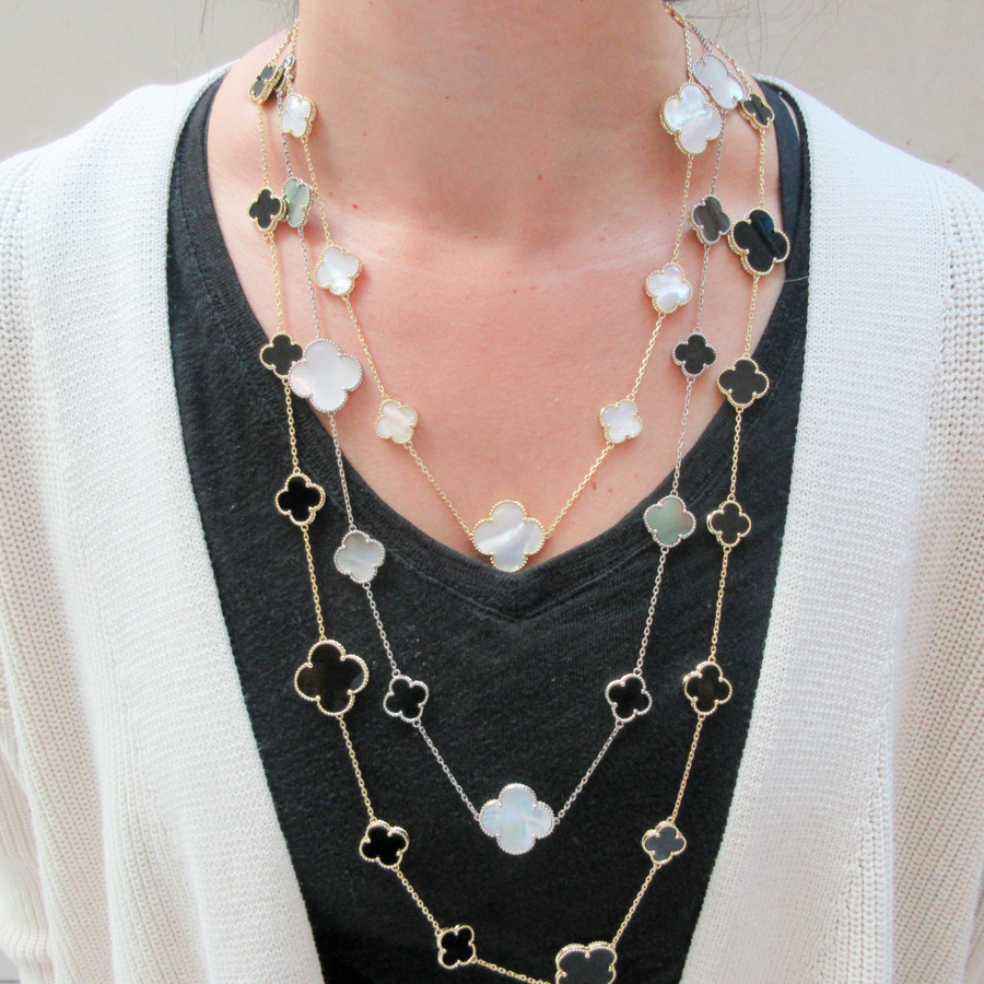 Long Mother of Pearl Multi station Clover Necklace
