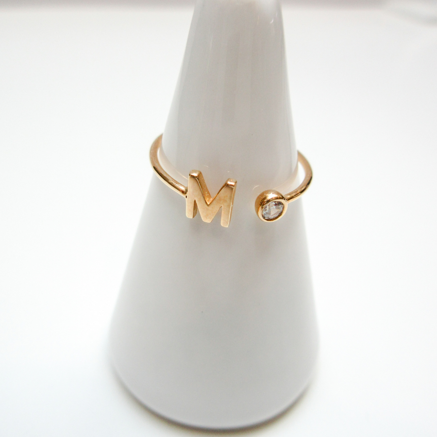 10kt Yellow Gold Mini Block initial rings with floating CZ stone