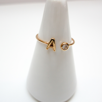 10kt Yellow Gold Mini Block initial rings with floating CZ stone