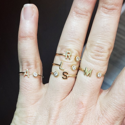 10kt Yellow Gold Mini Block initial rings with floating CZ stone